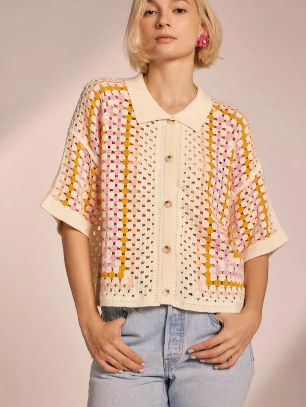 New In Ivory Open-Knit Short Sleeve Cardigan